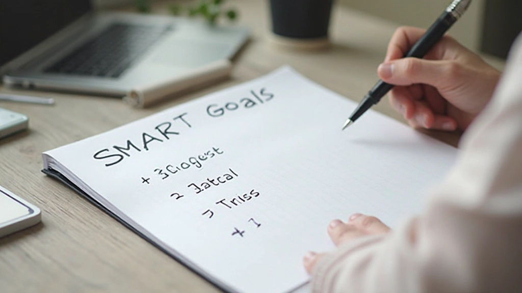 Notizbuch mit Stift und SMART-Ziel-Vorlage, zeigt strukturierte Zielplanung auf papiernem Hintergrund