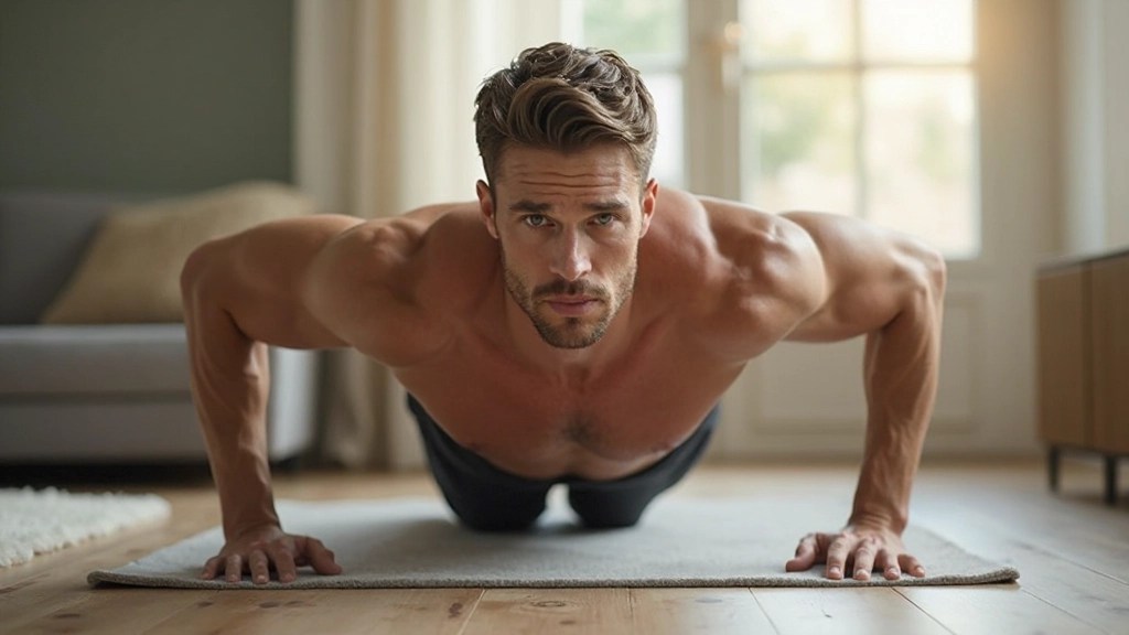 Person führt Liegestütze in ihrem Wohnzimmer aus und trainiert ihre Willenskraft