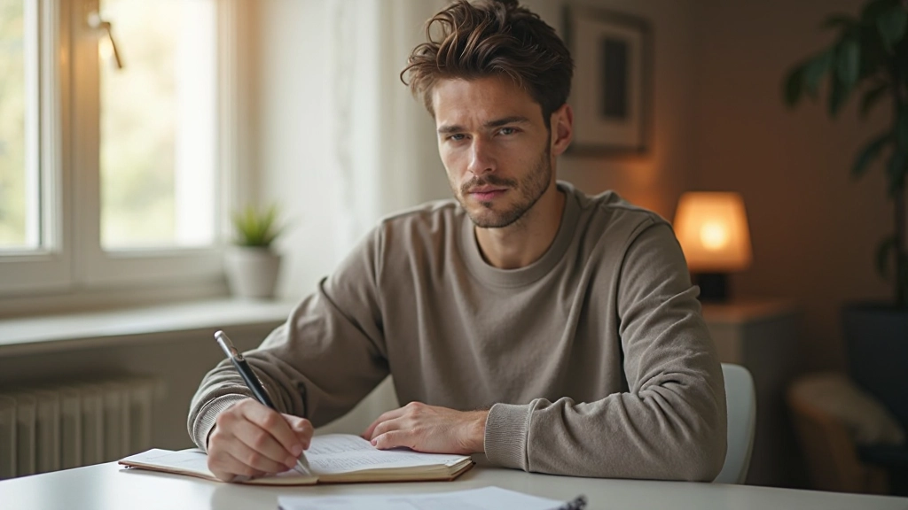 Person sitzt konzentriert am Schreibtisch mit Notizbuch und plant ihre Ziele
