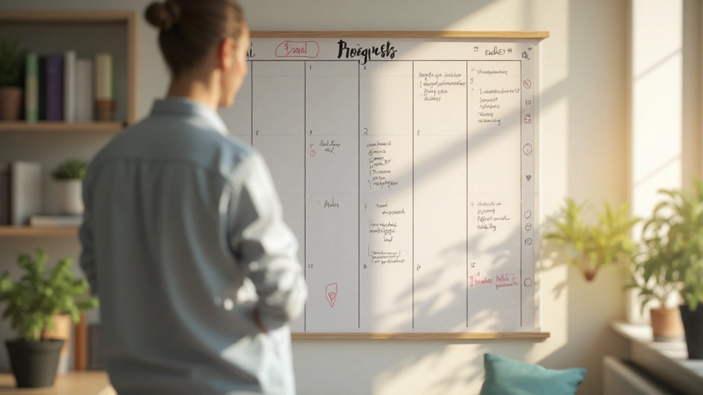 Kalender an der Wand mit markierten Zielen und Fortschrittsmarkierungen, visualisiert Zielverfolgung und wöchentliche Überprüfung