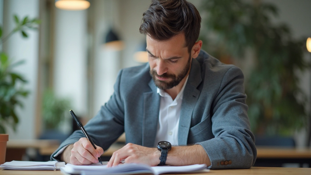 Person sitzt konzentriert am Schreibtisch, arbeitet an Notizen und Lernmaterialien