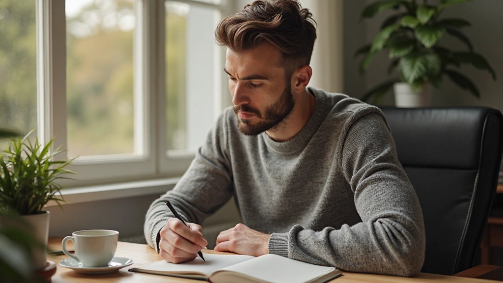 Person arbeitet konzentriert an einem Schreibtisch mit Notizbuch und Tasse Kaffee