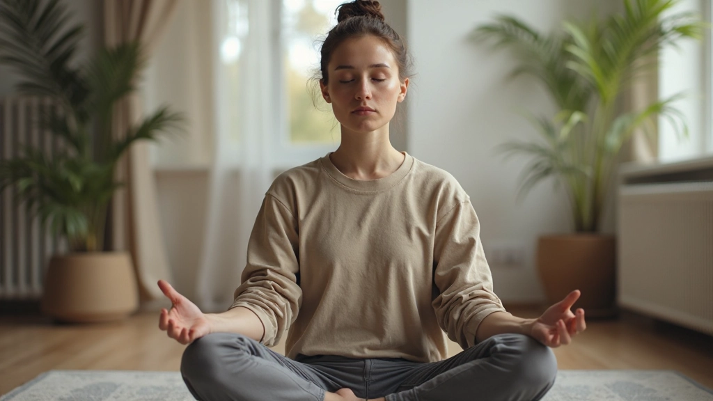 Person meditiert in ruhiger Umgebung mit geschlossenen Augen und entspanntem Gesichtsausdruck