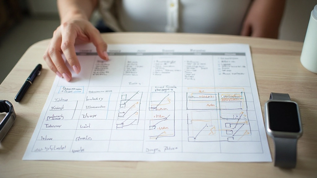 Trainingsplan mit Häkchen auf einem Schreibtisch neben Sportuhr und Wasser